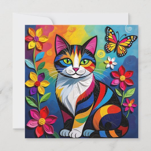 Colorful Paper Cat, Flowers and Butterflies Kaart (Voorkant)