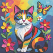 Colorful Paper Cat, Flowers and Butterflies Sticker (Voorkant)