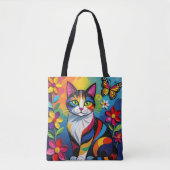 Colorful Paper Cat, Flowers and Butterflies Tote Bag (Voorkant)