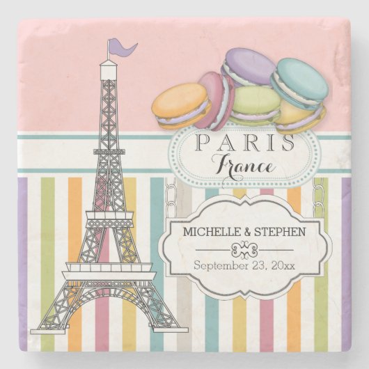 Colorful Paris Macaron Eiffel Tower Names Wedding Stenen Onderzetter (Voorkant)