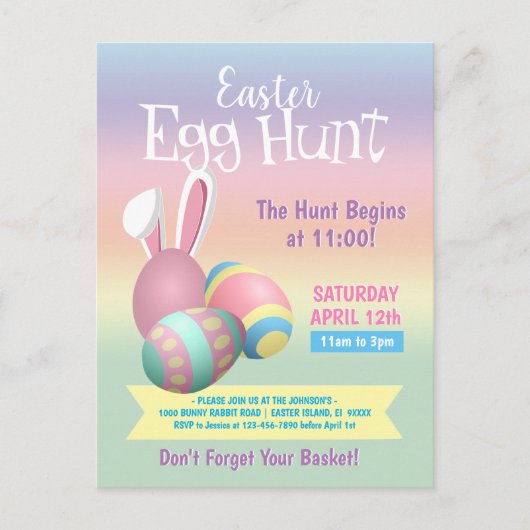 Colorful Pastel Bunny Easter Egg Hunt Party Briefkaart (Voorkant)