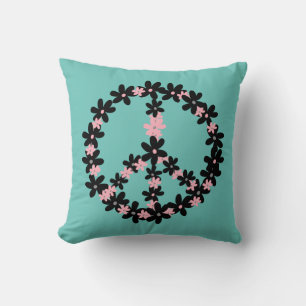 Colorful Pastel Pink Black Floral Peace Sign Kussen