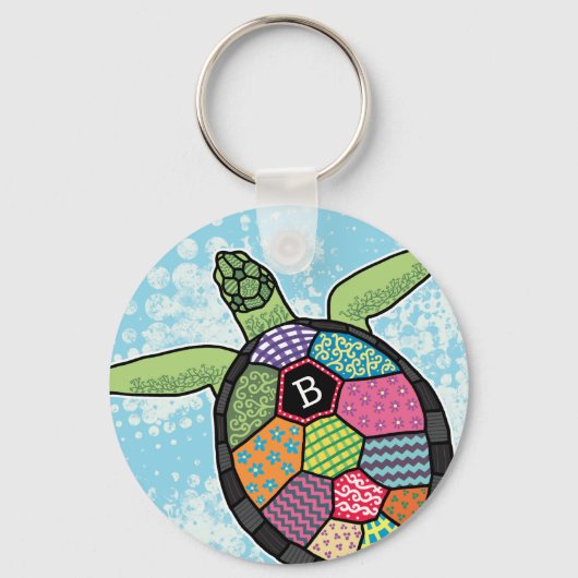 Colorful Patchwork Pattern Monogram Zee Turtle Sleutelhanger (Voorkant)