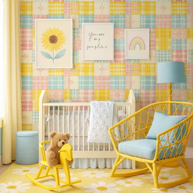 Colorful Patchwork Plaid Blue Yellow Pink  Behang ( Cheerful pastel patchwork wallpaper adds playful charm and spring color to any nursery )