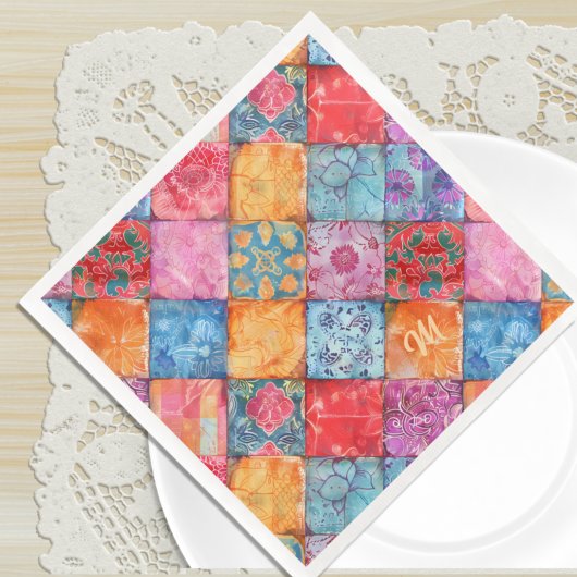 Colorful Patchwork Print Monogram Servet