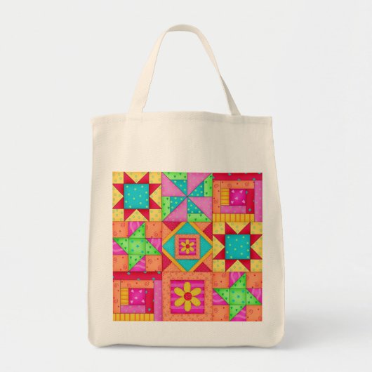 Colorful Patchwork Quilt Art Grocery Tote Bag (Voorkant)