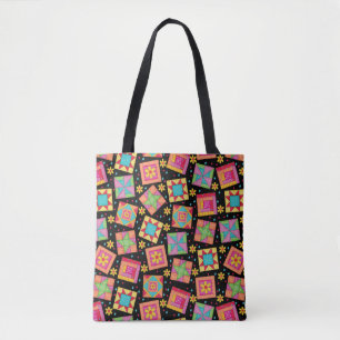 Colorful Patchwork Quilt Blocks Black Tote Bag