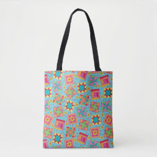 Colorful Patchwork Quilt Blocks Turquoise Blue Tote Bag