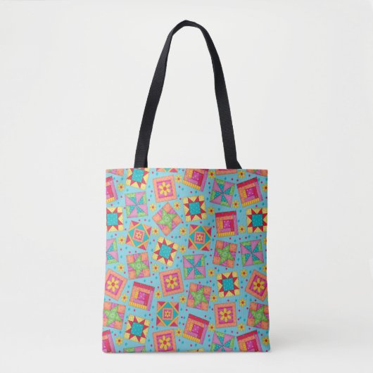 Colorful Patchwork Quilt Blocks Turquoise Blue Tote Bag (Voorkant)