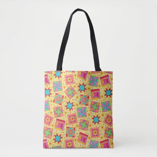 Colorful Patchwork Quilt Blocks Yellow Tote Bag (Voorkant)