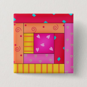 Colorful Patchwork Quilt Log Cabin Block Art Pins Vierkante Button 5,1 Cm