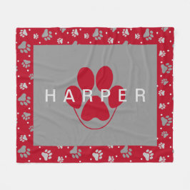 Colorful Paw Print Pattern Pet Naam Red Fleece Pet Deken