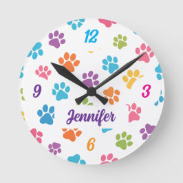 Colorful Paw Print Wall Clock with Custom Name  Ronde Klok