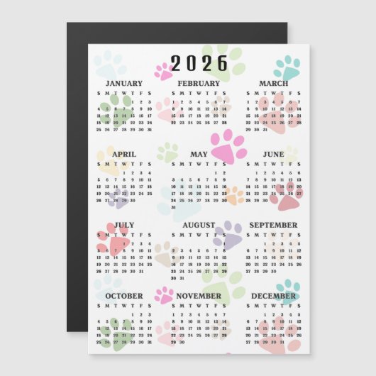 Colorful Paw Prints 2026 Calendar Magnetic Card (Voorkant / Achterkant)