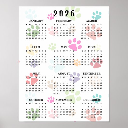 Colorful Paw Prints 2026 Wall Calendar (Voorkant)