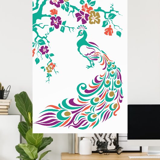 Colorful peace ock and cherry blossom poster (Thuiskantoor)