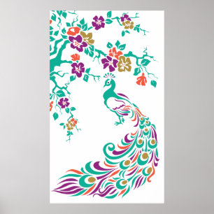 Colorful peace ock and cherry blossom poster