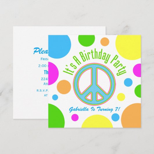 Colorful Peace Sign: Birthday Party Invitations Kaart (Voorkant / Achterkant)