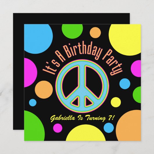 Colorful Peace Sign: Birthday Party Invitations Kaart (Voorkant / Achterkant)