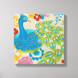 Colorful Peacock en Flowers Canvas Afdruk