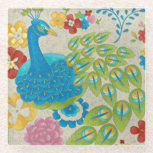 Colorful Peacock en Flowers Glazen Onderzetter