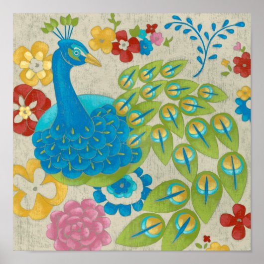 Colorful Peacock en Flowers Poster (Voorkant)