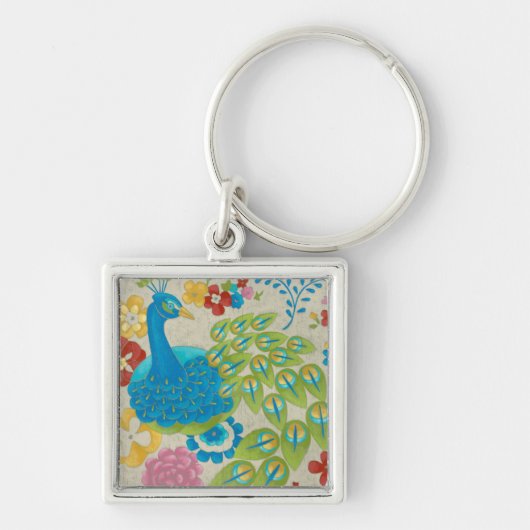 Colorful Peacock en Flowers Sleutelhanger (Voorkant)