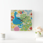 Colorful Peacock en Flowers Vierkante Klok (Huis)