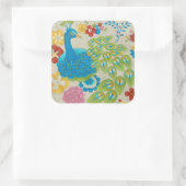 Colorful Peacock en Flowers Vierkante Sticker (Tas)