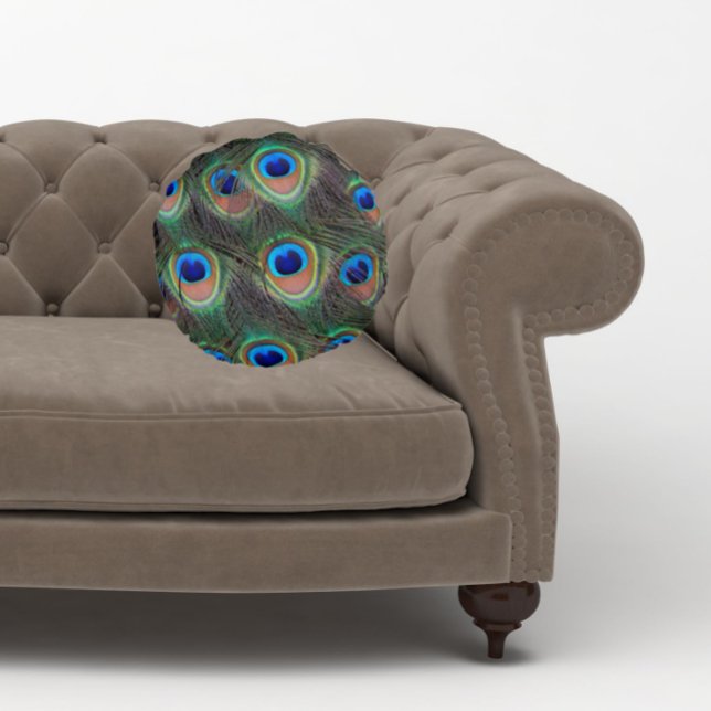 Colorful Peacock Feather Eyespot Pattern Rond Kussen (In Situ Sofa)