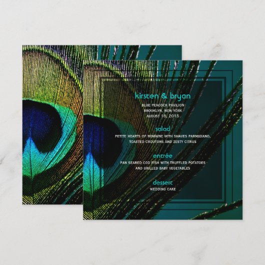 Colorful Peacock Feather Foto Boho Chic Wedding Menu (Voorkant / Achterkant)