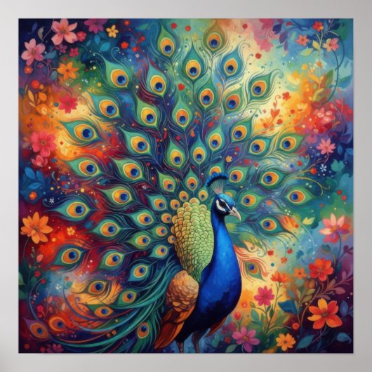 Colorful Peacock Feathers and Flowers Poster (Voorkant)