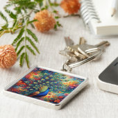 Colorful Peacock Feathers and Flowers Sleutelhanger (Zijkant)