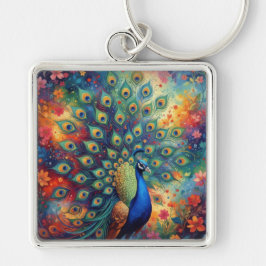Colorful Peacock Feathers and Flowers Sleutelhanger