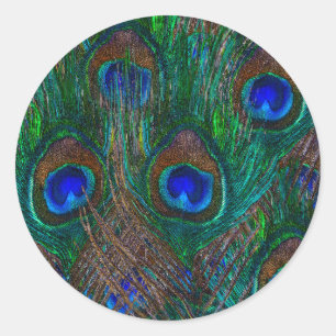 Colorful Peacock Feathers Etching Style Ronde Sticker