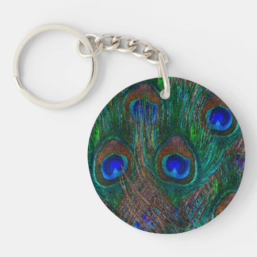 Colorful Peacock Feathers Etching Style Sleutelhanger (Voorkant)