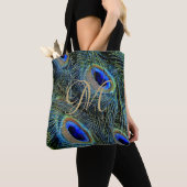 Colorful Peacock Feathers Gold Monogram sluiten Tote Bag (Dichtbij)