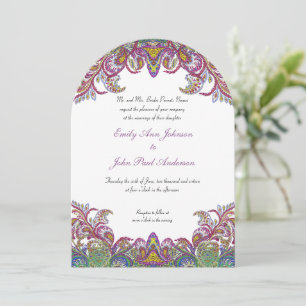 Colorful Peacock Paisley Damask Wedding Kaart