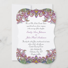 Colorful Peacock Paisley Damask Wedding Kaart