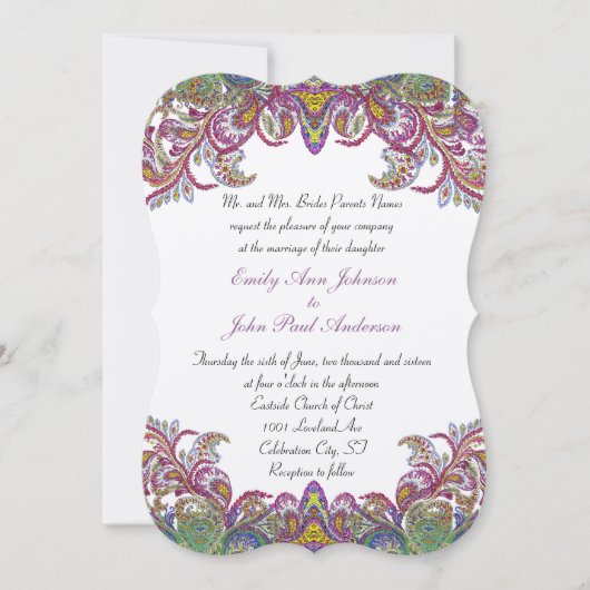 Colorful  Peacock Paisley Damask Wedding Kaart (Voorkant)