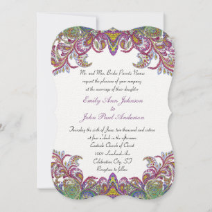 Colorful Peacock Paisley Damask Wedding Kaart