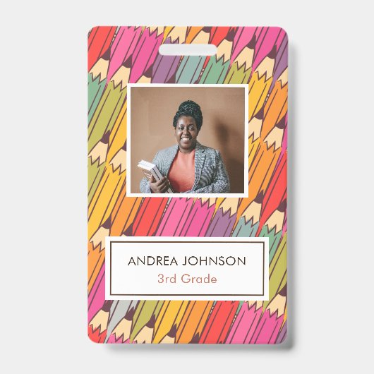 Colorful Pencil Pattern Primary Teacher Photo ID Badge (Voorzijde)