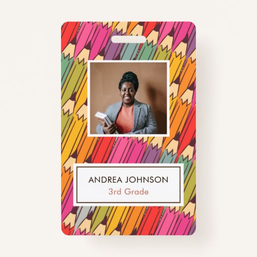 Colorful Pencil Pattern Primary Teacher Photo ID Badge (Voorkant)