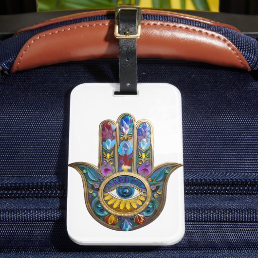 Colorful Petals Leaves Hamsa Sapphire Third Eye Bagagelabel (Voorkant Insitu 2)