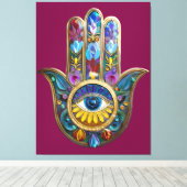 Colorful Petals Leaves Hamsa Sapphire Third Eye Canvas Afdruk (Insitu (Houten vloer))