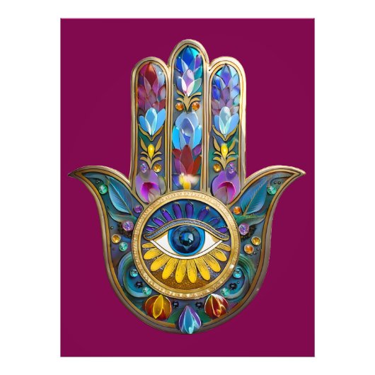 Colorful Petals Leaves Hamsa Sapphire Third Eye Foto Afdruk (Voorkant)