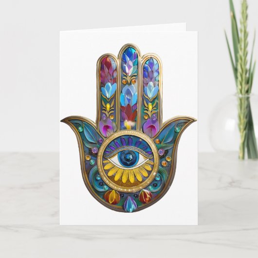 Colorful Petals Leaves Hamsa Sapphire Third Eye Kaart (Voorkant)