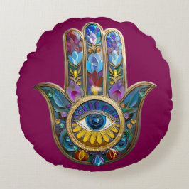 Colorful Petals Leaves Hamsa Sapphire Third Eye Rond Kussen