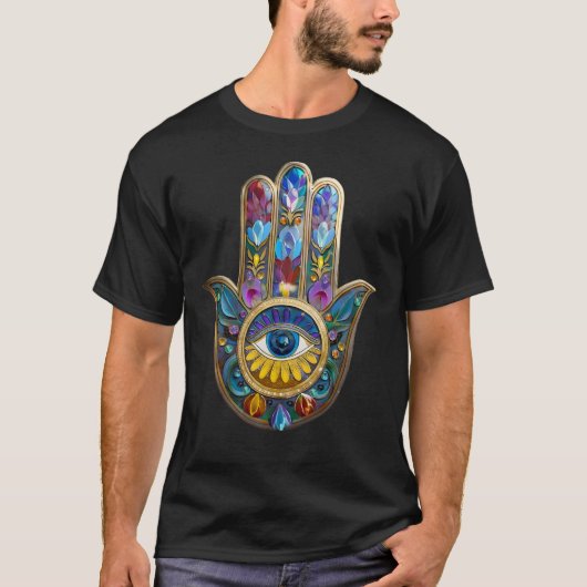 Colorful Petals Leaves Hamsa Sapphire Third Eye T-shirt (Voorkant)