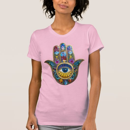 Colorful Petals Leaves Hamsa Sapphire Third Eye T-shirt (Voorkant)